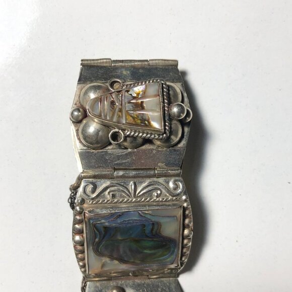 Vintage Sterling Silver Panel Bracelet Abalone Aztec Taxco Mexico Eagle Head - Picture 11 of 15
